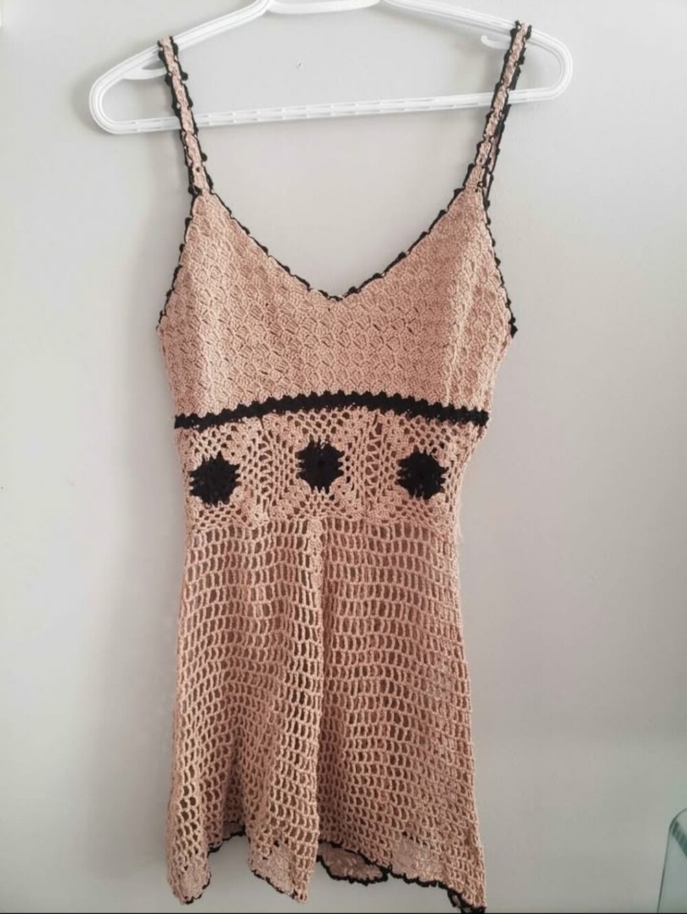 Pink Crochet Swim Coverup Dress with Black Trim